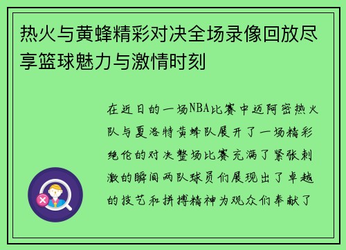 热火与黄蜂精彩对决全场录像回放尽享篮球魅力与激情时刻