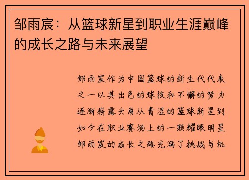 邹雨宸：从篮球新星到职业生涯巅峰的成长之路与未来展望